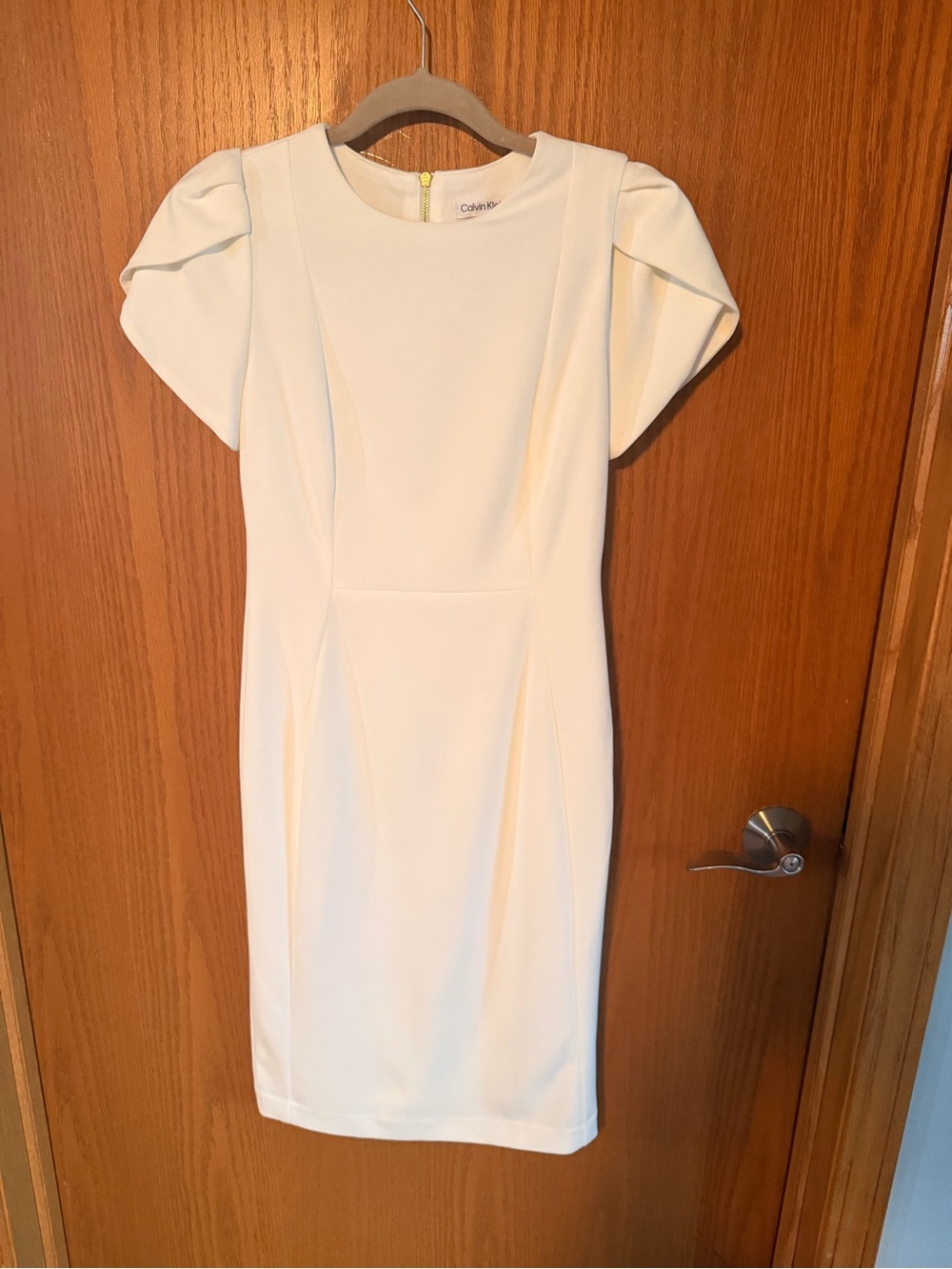 Calvin Klein Cream Puff-Sleeve Sheath Midi Dress